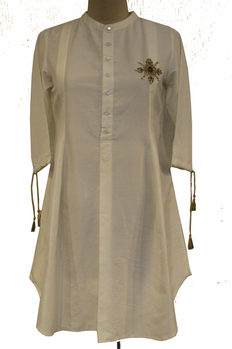 Ladies Poly Silk Tunic - Size 36 Bust, 40 Hip, Off White | Drape Design, 3/4 Sleeves, Ethnic Style, Dry Clean Only