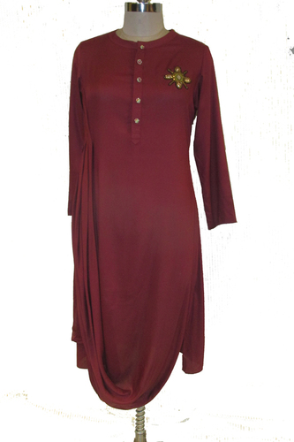Ladies Designer Drape Tunic - Rayon, Customized Size - Maroon, Full Sleeves with Embroidered Brooch