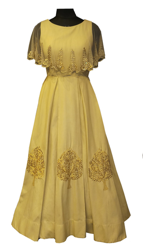 Ladies Cotton Pleated Gown - 62 Inch Length, 36 Inch Bust, Beige Color | Heavy Aari Embroidery, Net Pochu, Customized Size, Sleeveless Design