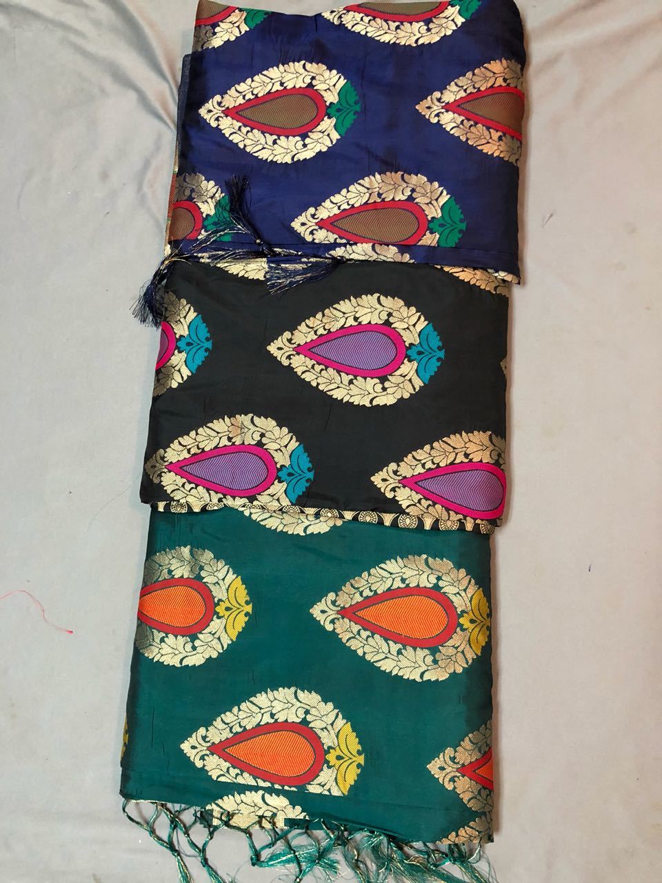Soft Silk Saree - Multicolor With Heavy Golden Zari Work , Rich Bollywood Style And Intricate Textures