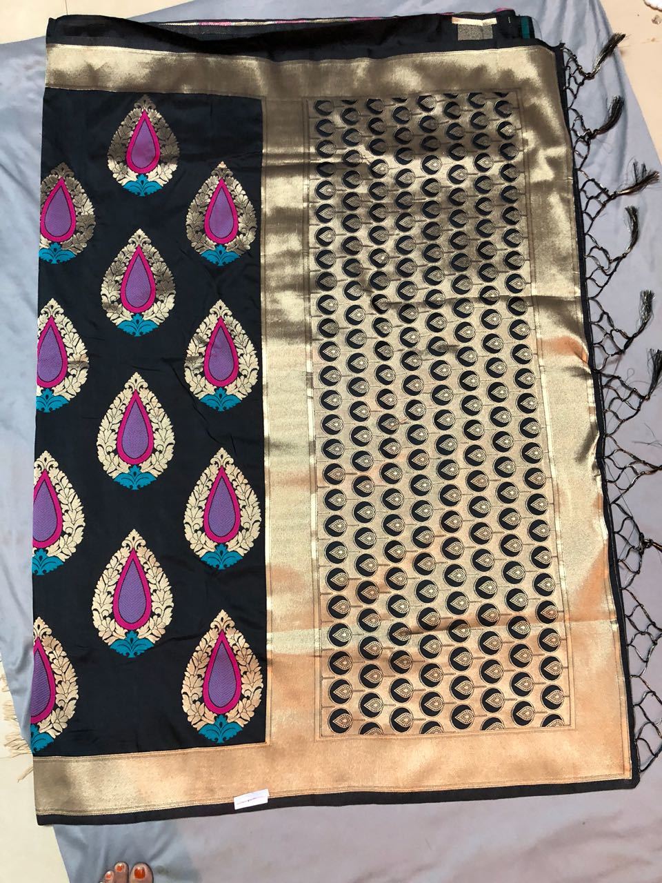 Soft Silk Saree - Multicolor With Heavy Golden Zari Work , Rich Bollywood Style And Intricate Textures