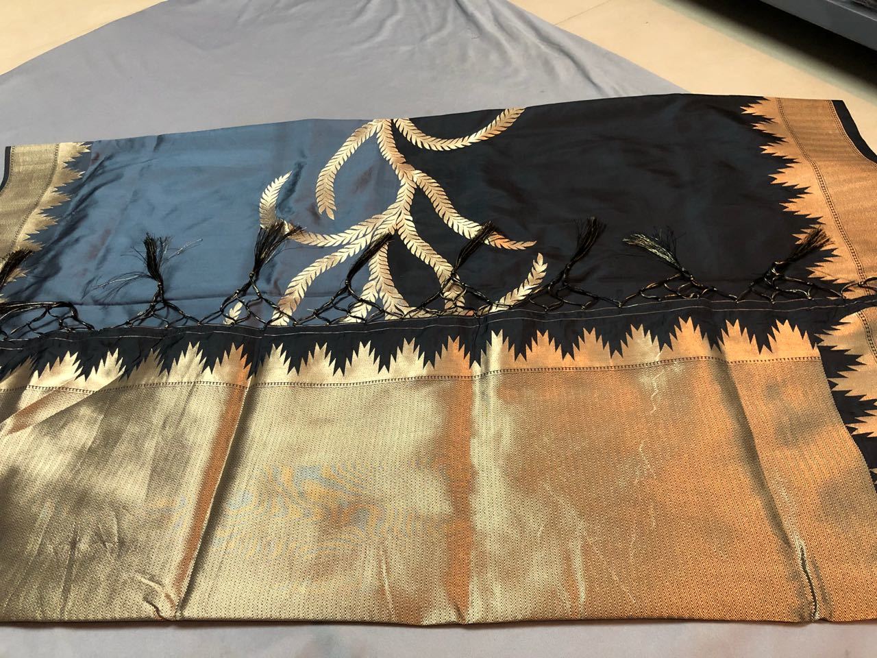 Soft Silk Saree - Multicolor With Heavy Golden Zari Work , Rich Bollywood Style And Intricate Textures