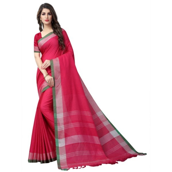 Pure Linen Saree - Cotton Blend, 6.3 Meters Length, Pink Color | Zari Work, Handloom Design, Soft Comfortable Fit, Un-stitched Blouse