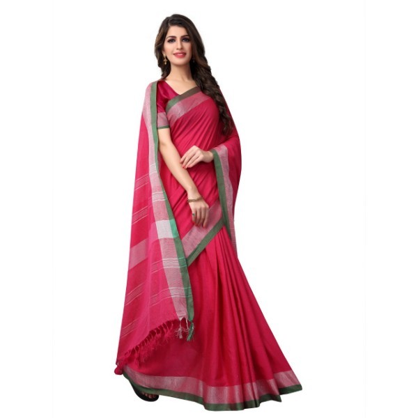 Pure Linen Saree - Cotton Blend, 6.3 Meters Length, Pink Color | Zari Work, Handloom Design, Soft Comfortable Fit, Un-stitched Blouse