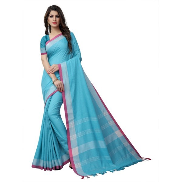 Linen Saree - Cotton Material, 6.3 Meters Length, Blue Color | Zari Work & Woven Border Design, Ideal For Formal And Festive Occasions
