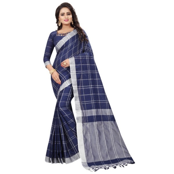 Linen Saree - Cotton Material, 6.3 Meters Length, Blue Color | Zari Work & Woven Border Design, Ideal For Formal And Festive Occasions