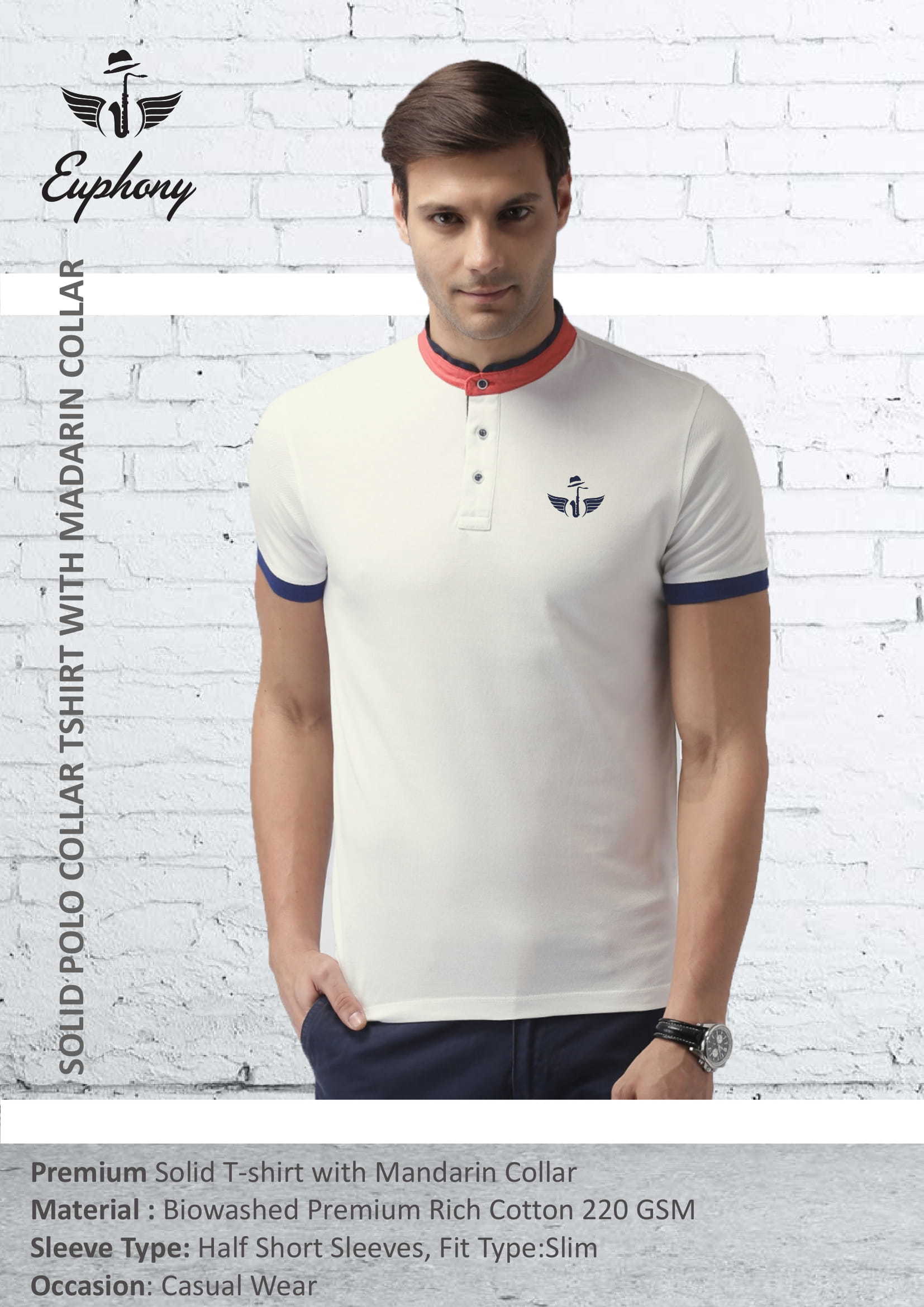 Solid Polo Madrian Collar T-shirt - Cotton Fabric, Multi-color | Short Sleeve Style, Plain Pattern For Men