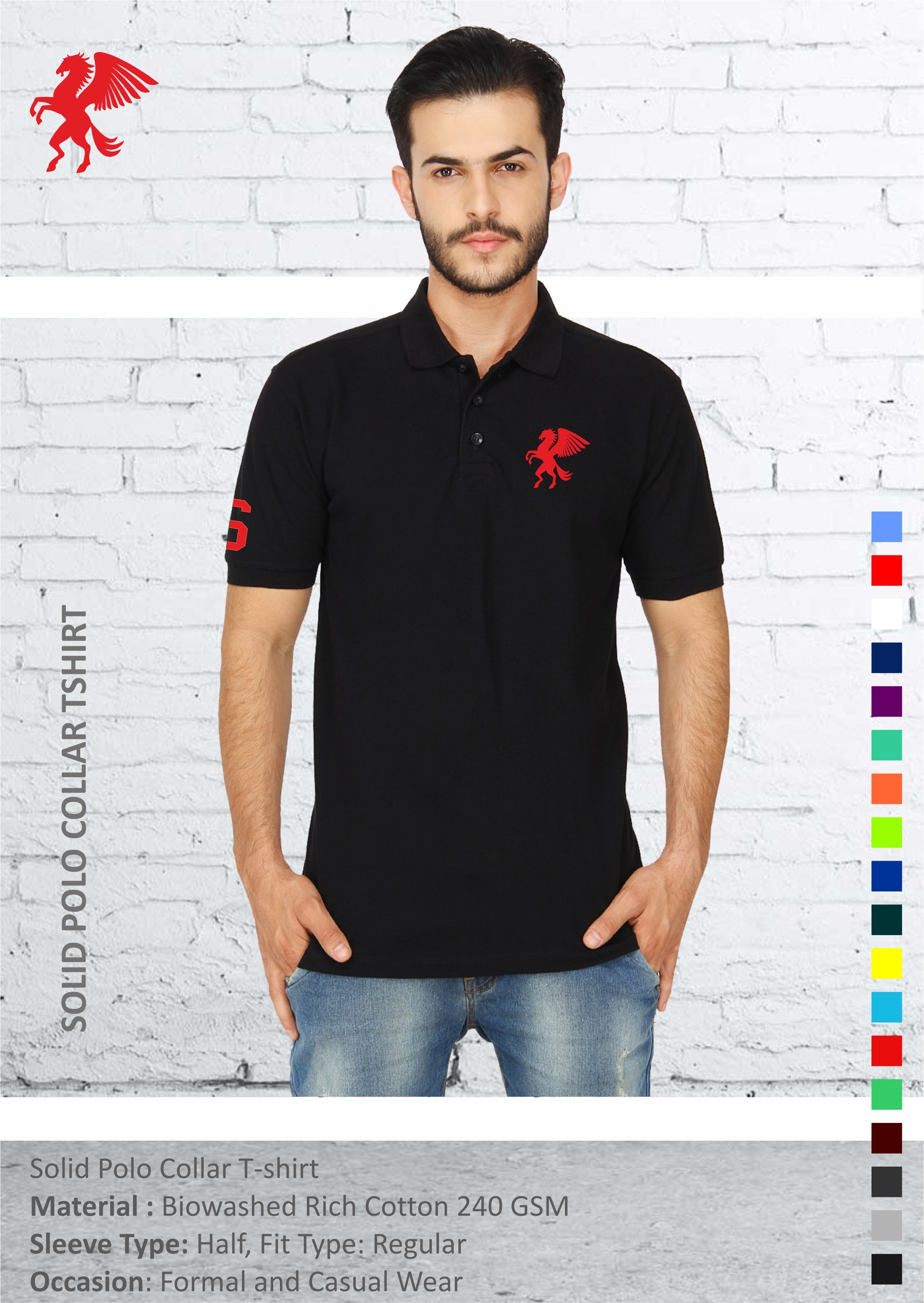 Solid Polo Collar T-shirt - Cotton, Short Sleeves, Multi Color | Embroidered Pattern, Casual Style For Men