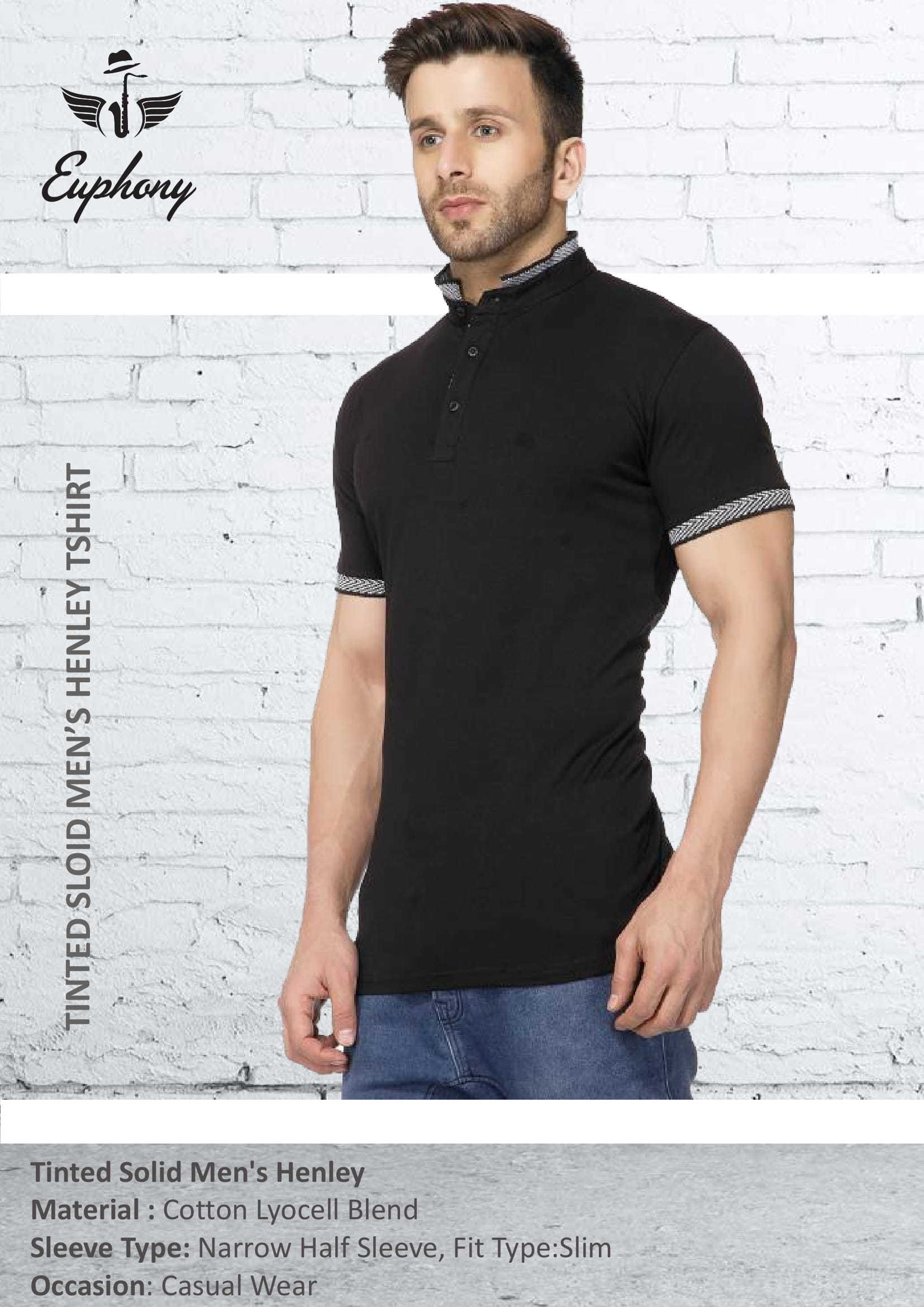 Tinted Premium Solid Mens Henley - Cotton , Short Sleeves, Multi Color, Button Placket Below Granddad Neckline, Semi-formal Style