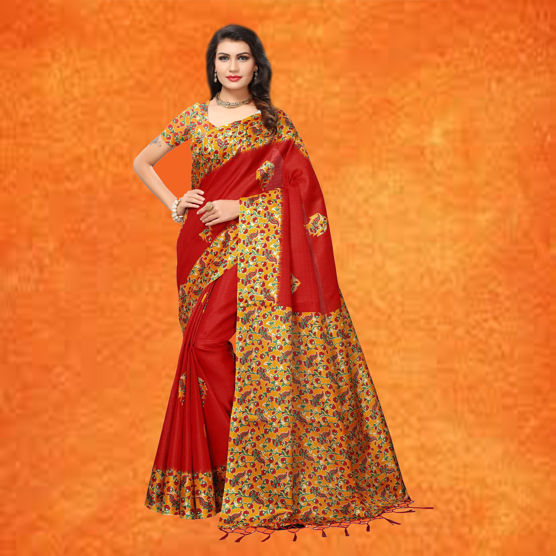 Green And Orange Formal Saree