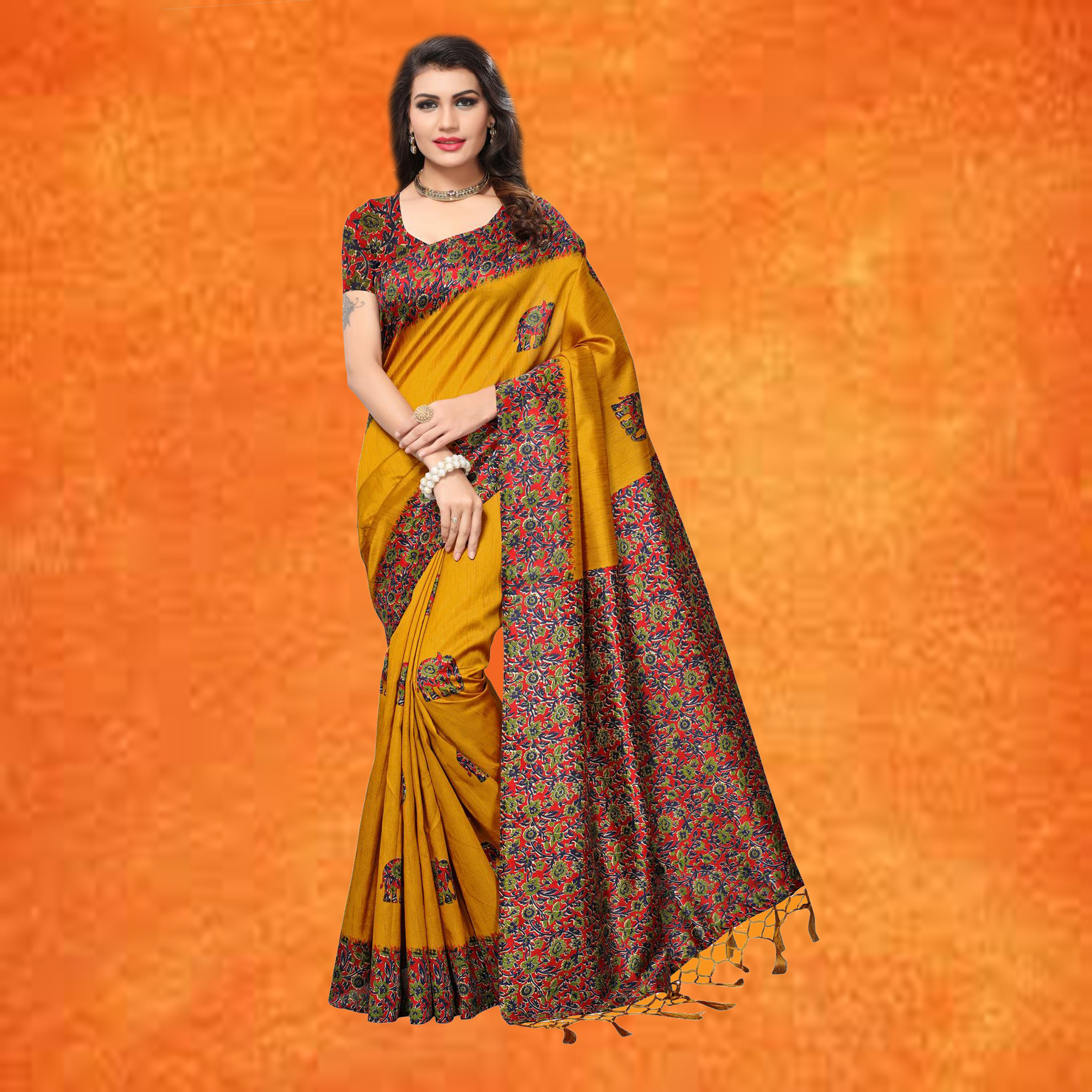 Green And Orange Formal Saree