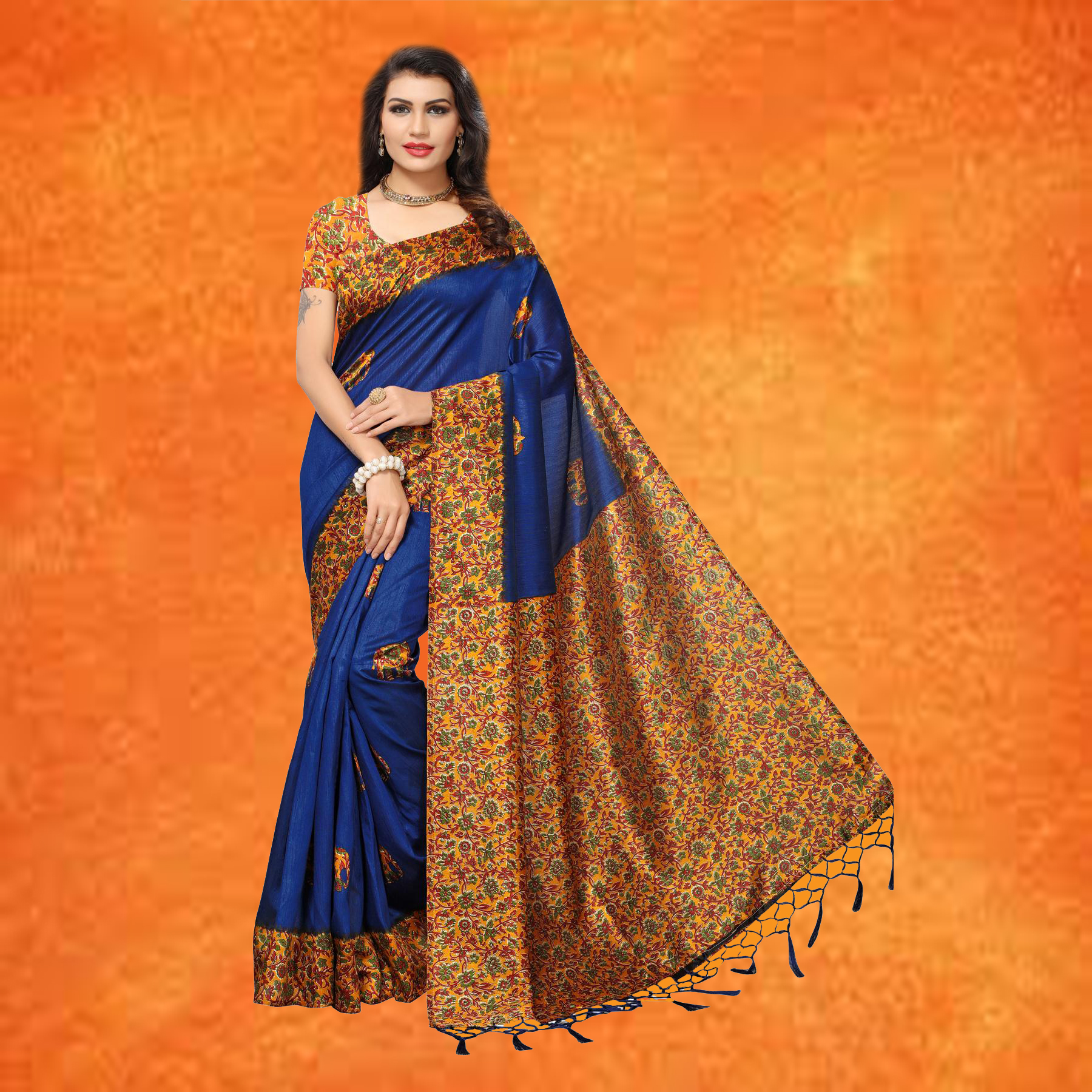 Green And Orange Formal Saree