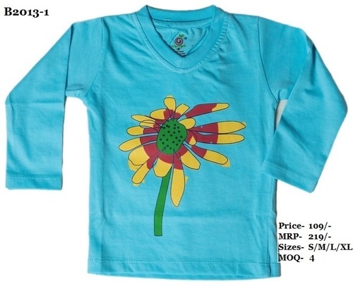 Kids Flower Design Printed Tshirts - Pitch/ Sky Blue/ L. Green - V Neck, Full Sleeve Age Group: 0 To 4 Yrs