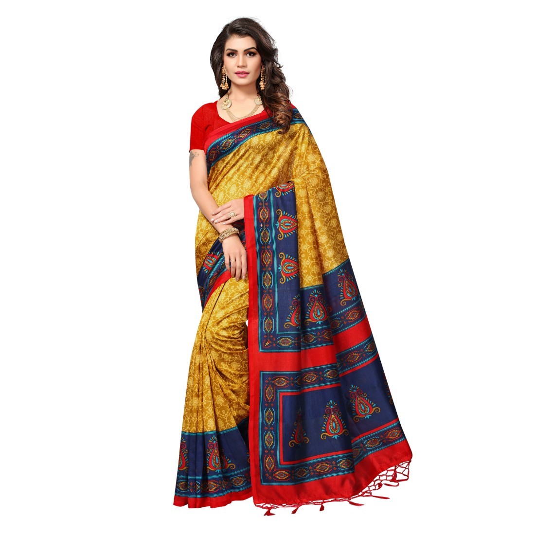 Mysore Silk Saree - Art Silk, 6.3 Meters Length With Un-stitched Blouse | Elegant Printed Pattern, Woven Border Design, Perfect For Formal And Festive Occasions