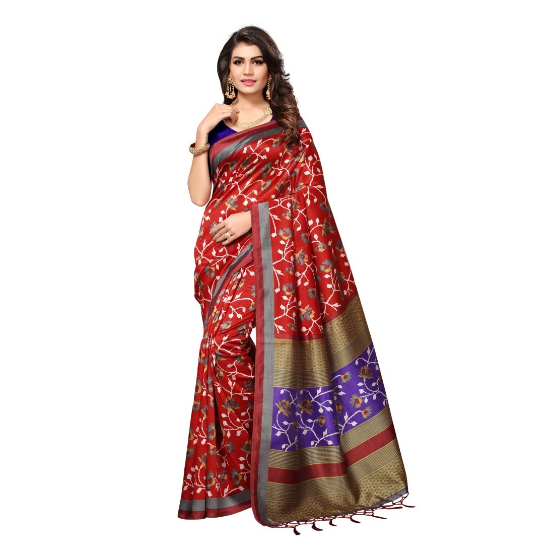 Mysore Silk Saree - Art Silk, 6.3 Meters Length With Un-stitched Blouse | Elegant Printed Pattern, Woven Border Design, Perfect For Formal And Festive Occasions