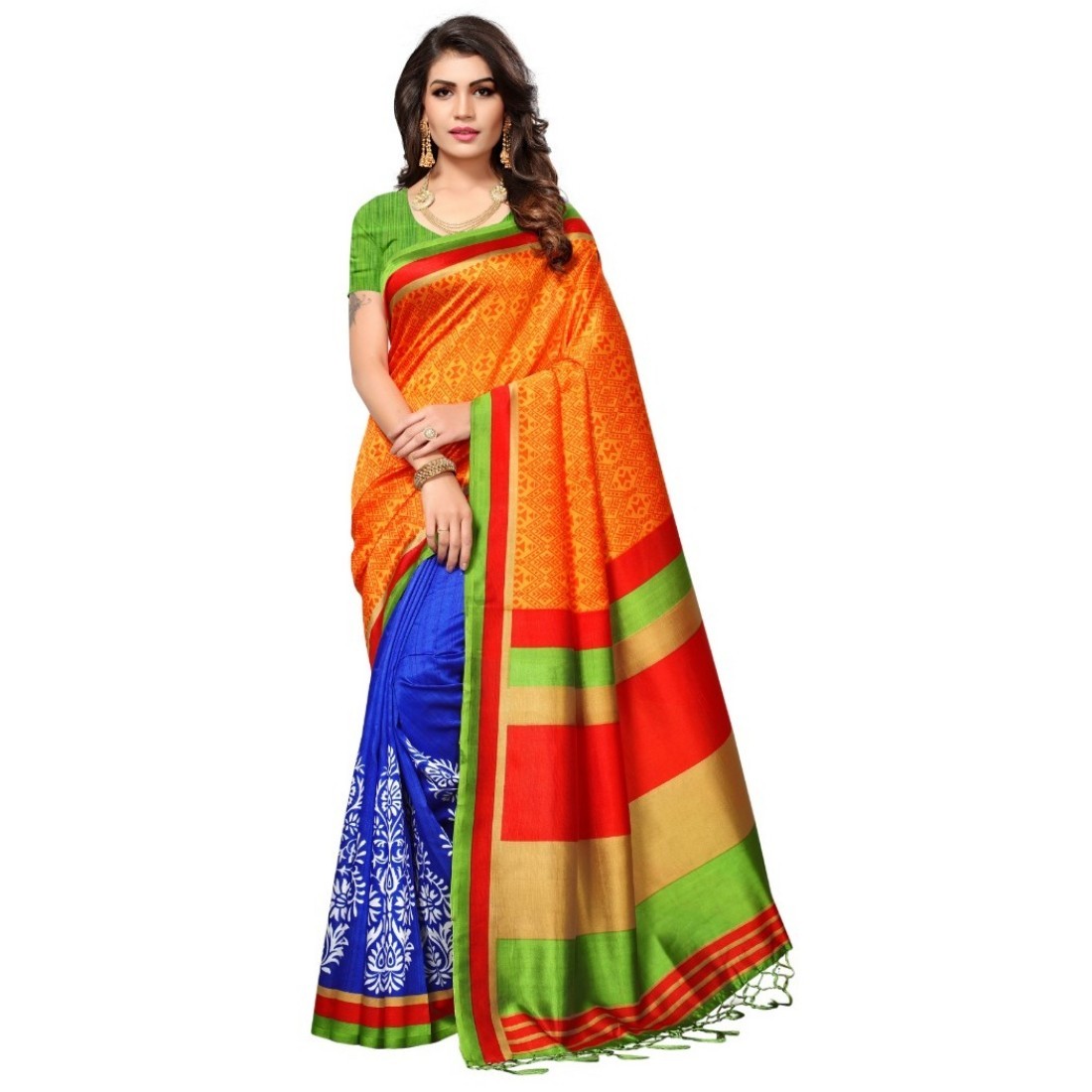 Mysore Silk Saree - Art Silk, 6.3 Meters Length With Un-stitched Blouse | Elegant Printed Pattern, Woven Border Design, Perfect For Formal And Festive Occasions