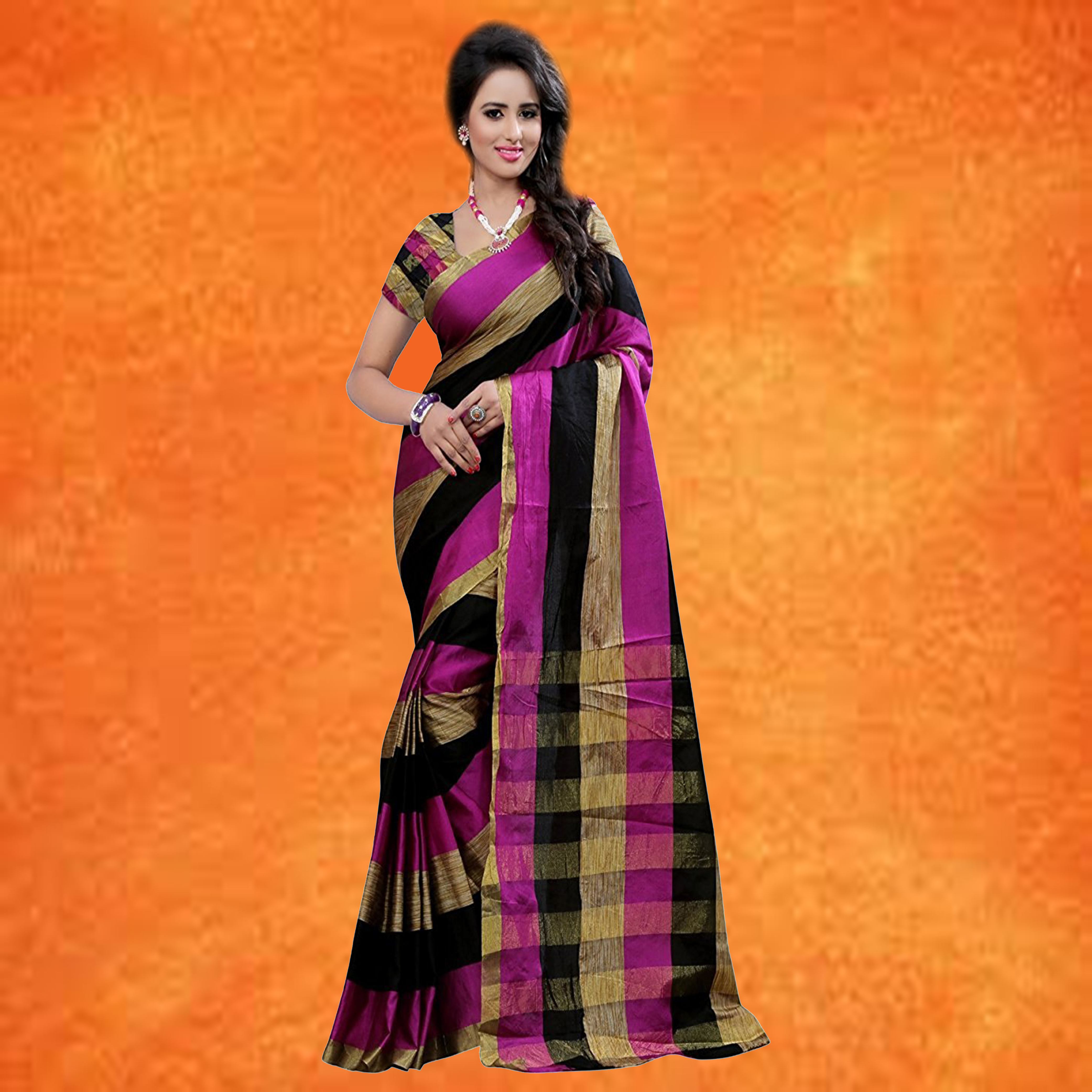 Purple And Gray Checks Cotton Sarees