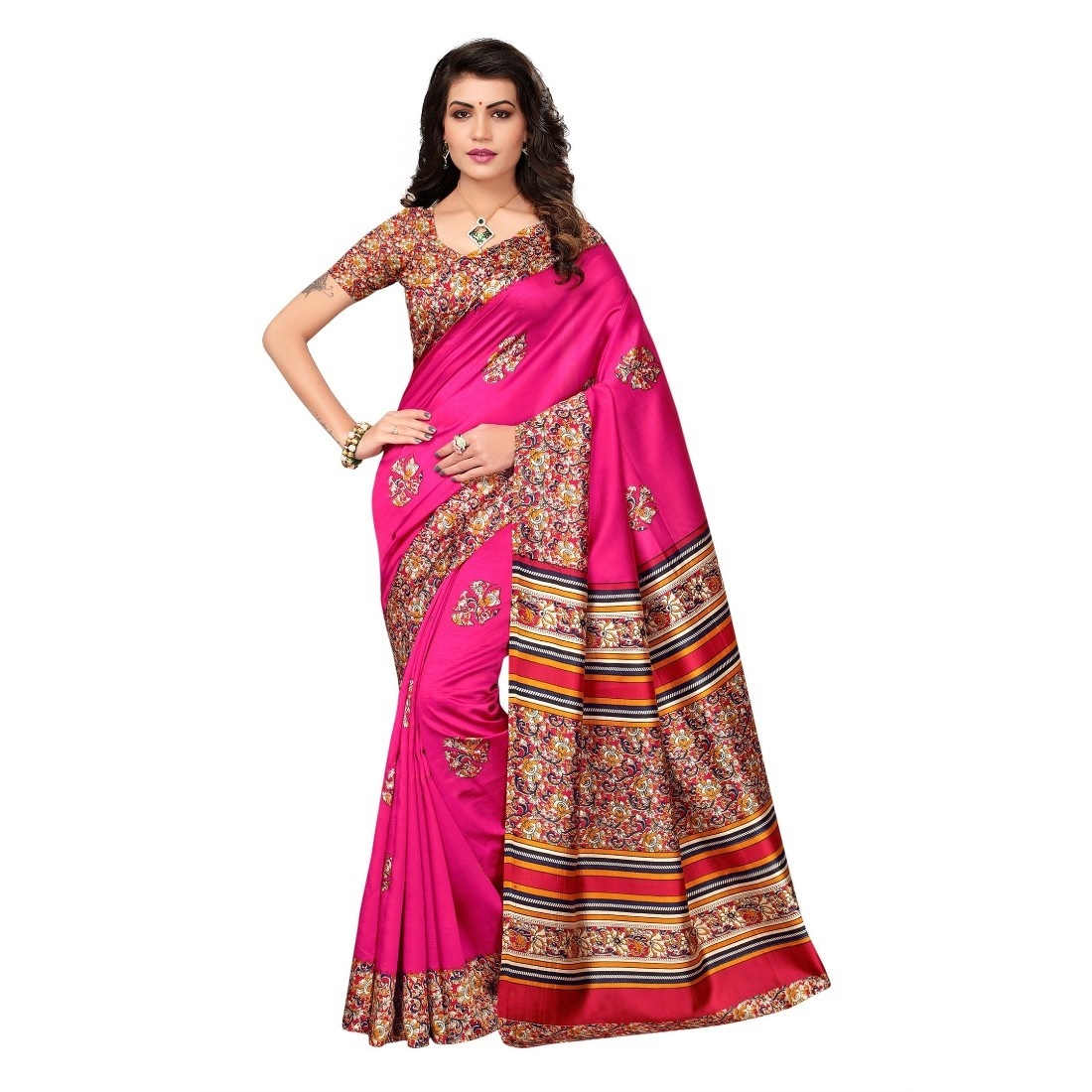 Kalamkari Saree - Handloom Cotton Silk | Vibrant Colors, Dotted Pattern, 6.3 Meters Length, Inclusive Un-stitched Blouse, Perfect For Various Occasions