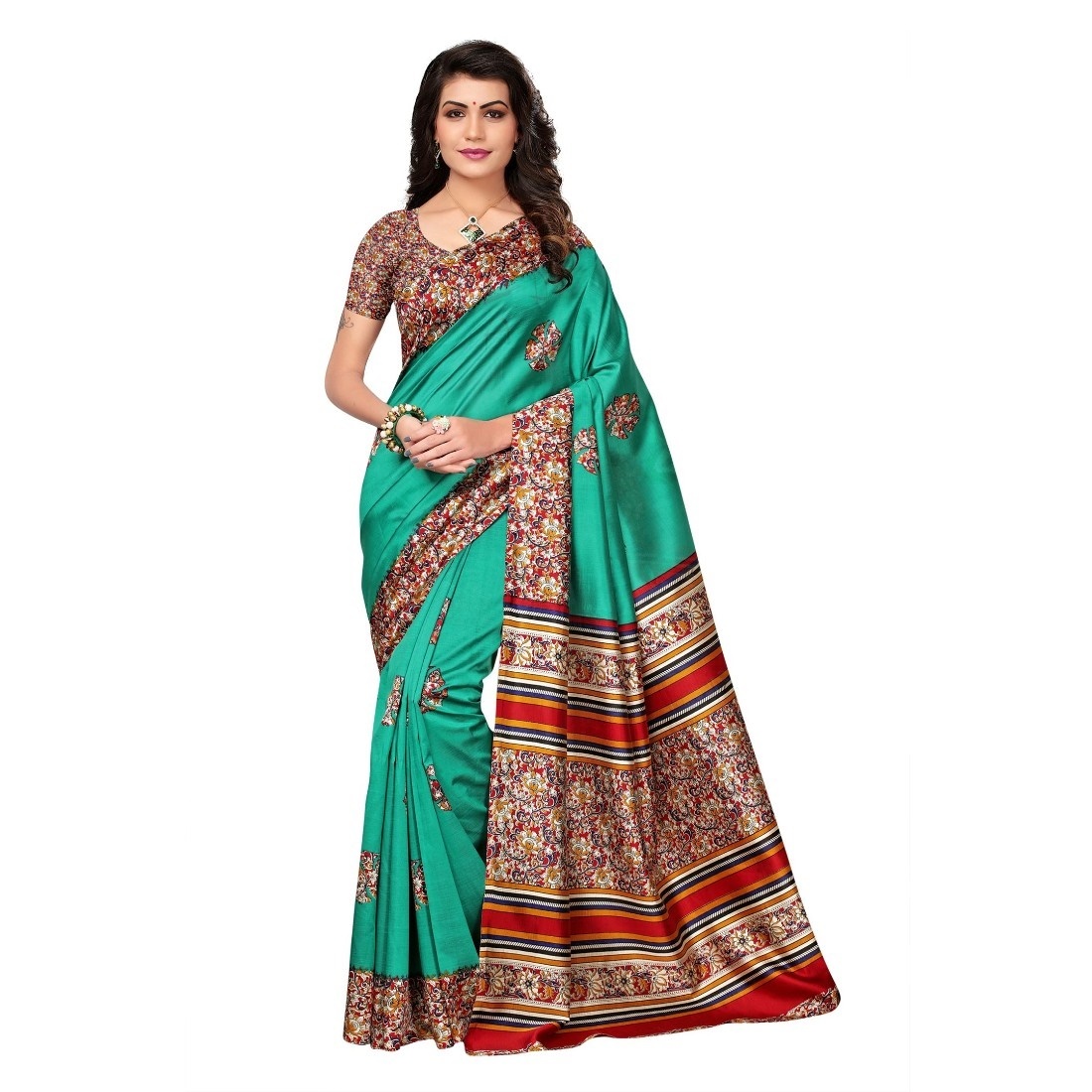 Kalamkari Saree - Handloom Cotton Silk | Vibrant Colors, Dotted Pattern, 6.3 Meters Length, Inclusive Un-stitched Blouse, Perfect For Various Occasions