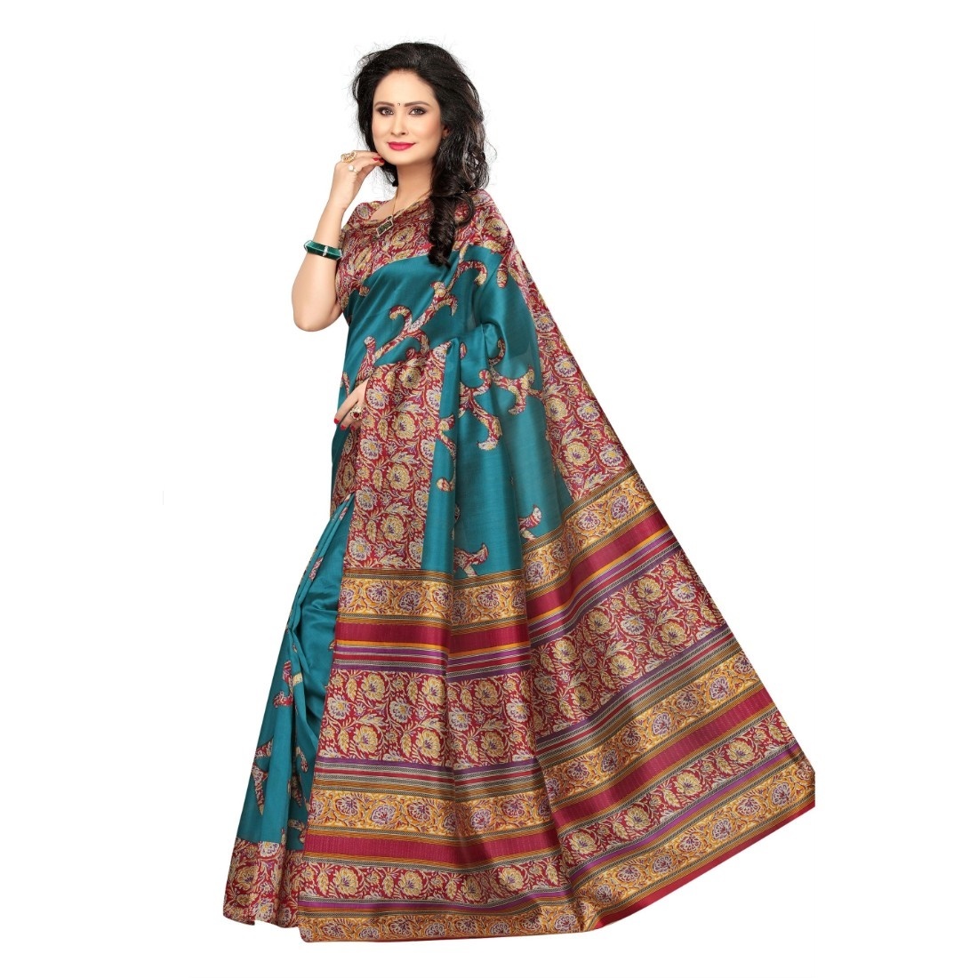 Indian Fancy Kalamkari Saree - Art Silk Fabric, 5.5 Mtr Length, Multicolor Printed Design | Elegant Blouse Fabric Included, Premium Quality, Versatile Wear