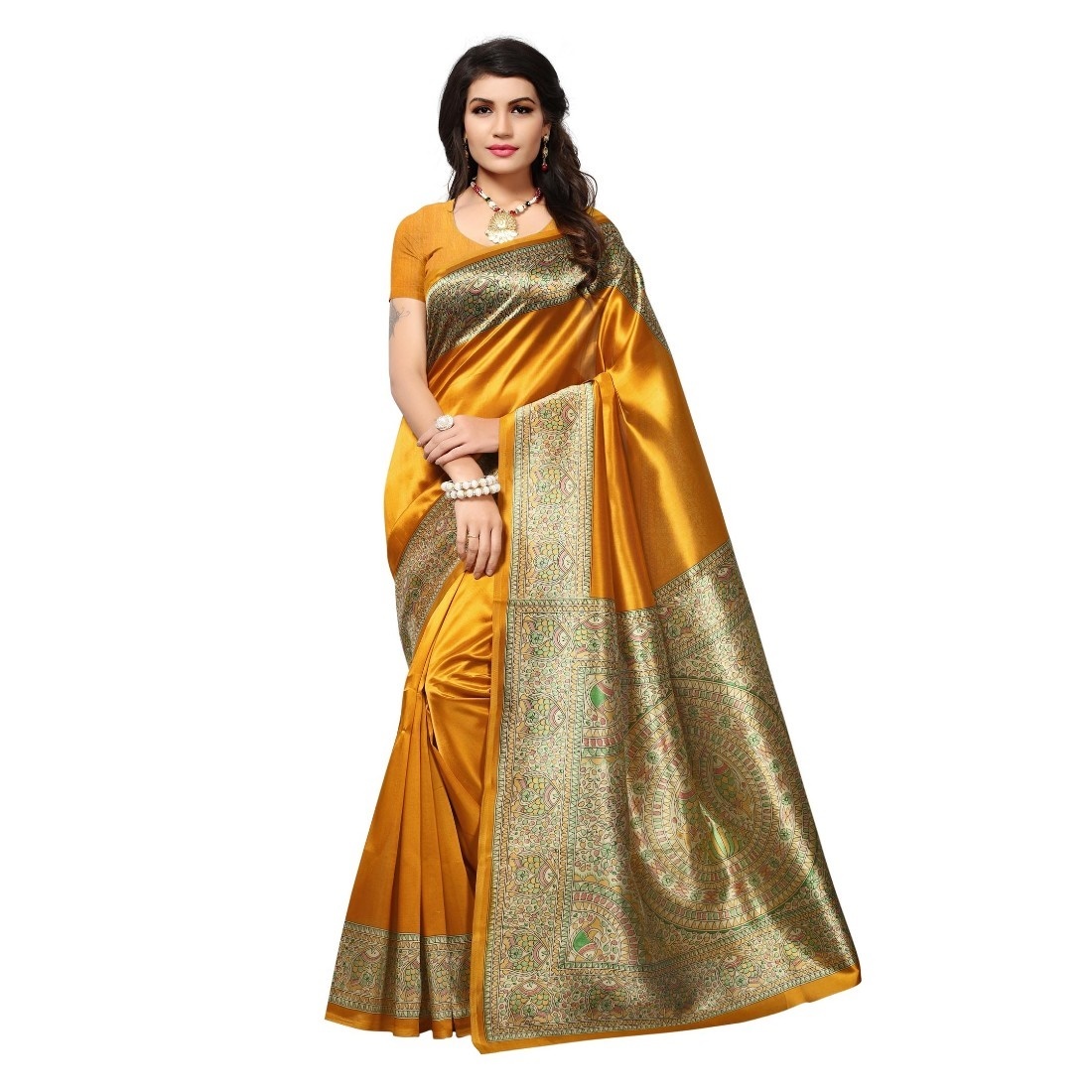 Indian Fancy Kalamkari Saree - Art Silk Fabric, 5.5 Mtr Length, Multicolor Printed Design | Elegant Blouse Fabric Included, Premium Quality, Versatile Wear