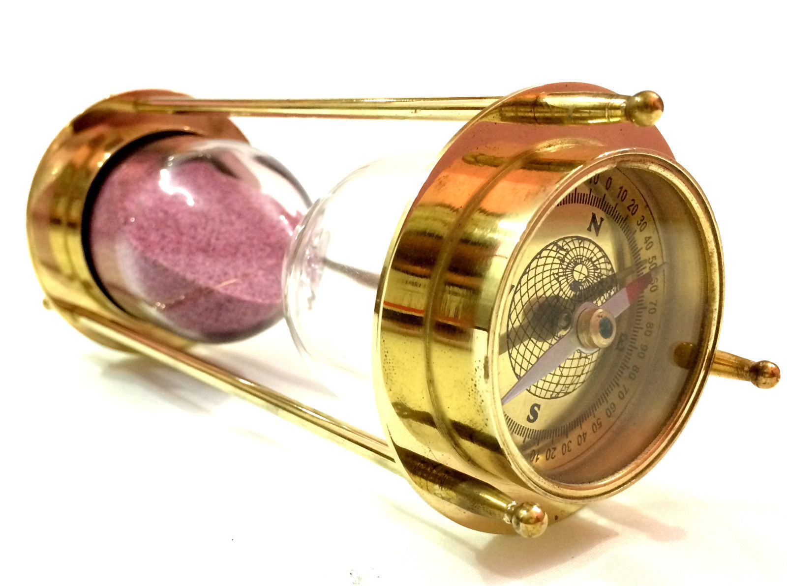 Brass Nautical Compass Hourglass Antique Sand Timer
