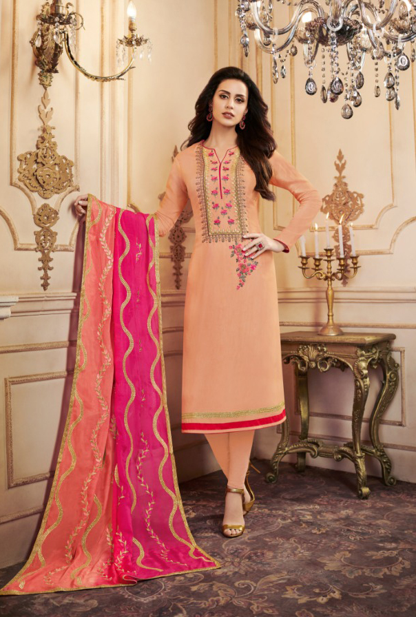 Trendy Party Wear Salwar Suit - Pure Upadda Silk Top, Customized Size Up To 42", Multicolour, Full Sleeves, Embroidered With Stone Work, Bollywood Style, Heavy Santoon Bottom, Pure Oraganja Dupatta