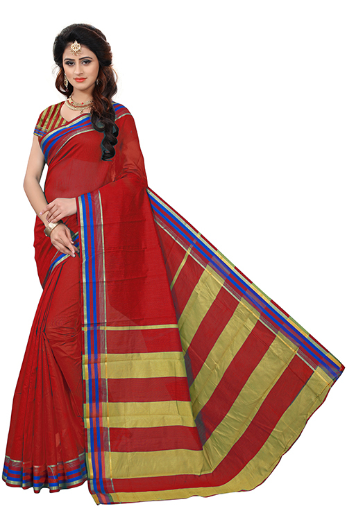Fancy Strips Printed Silk Saree - Cotton Silk Fabric 5.5 Mtr Length Yellow Green Blue Red Pink Colors | Ideal For All Seasons Stylish Indian Pattern