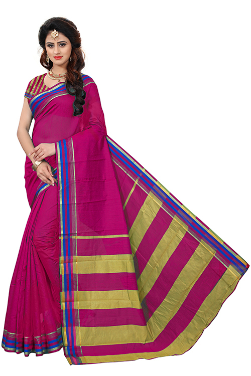 Fancy Strips Printed Silk Saree - Cotton Silk Fabric 5.5 Mtr Length Yellow Green Blue Red Pink Colors | Ideal For All Seasons Stylish Indian Pattern