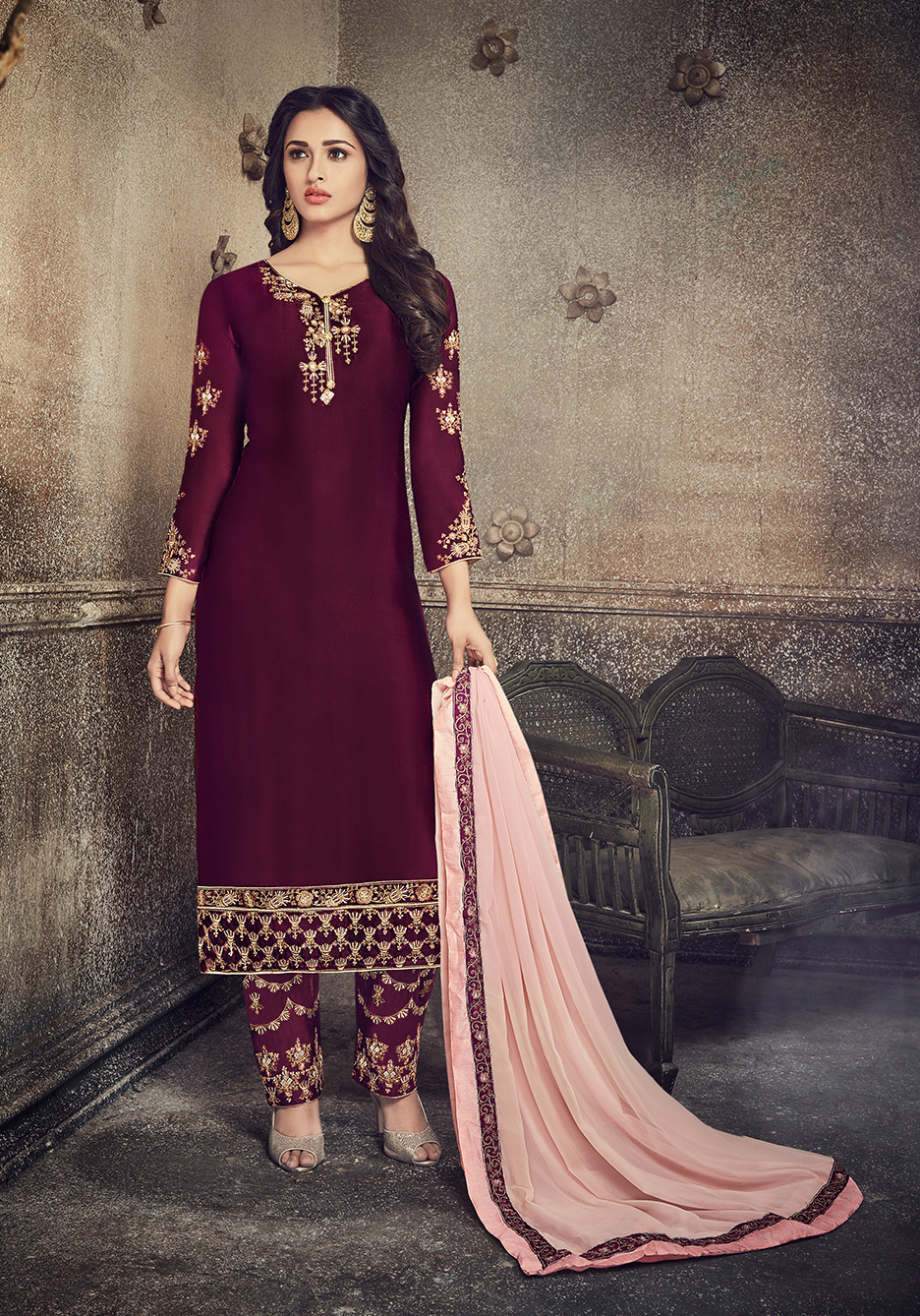 Multicolour Partywear Embroidered Georgette Salwar Suit Heavy Dupatta