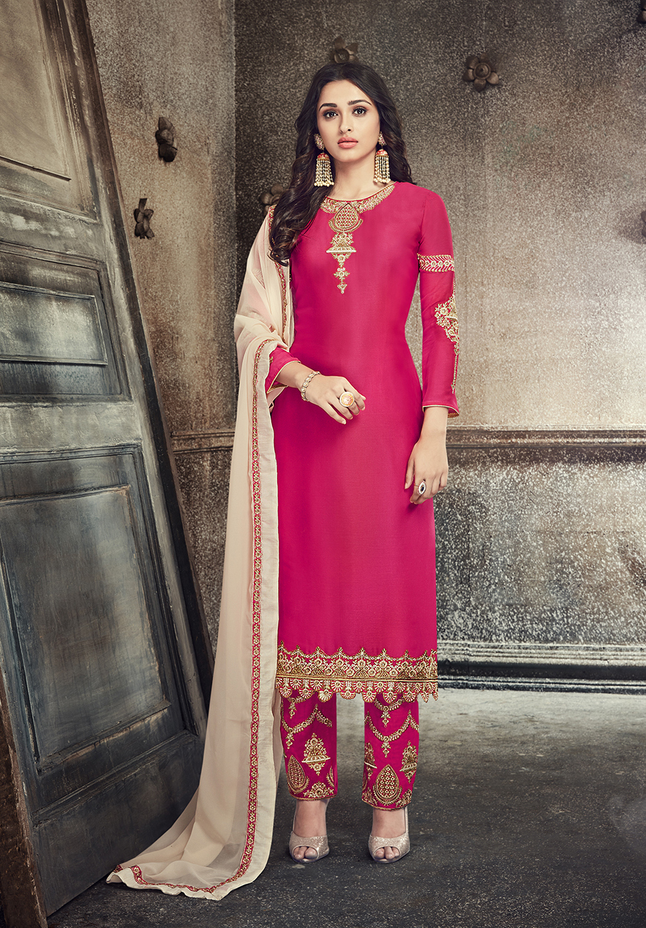Multicolour Partywear Embroidered Georgette Salwar Suit Heavy Dupatta
