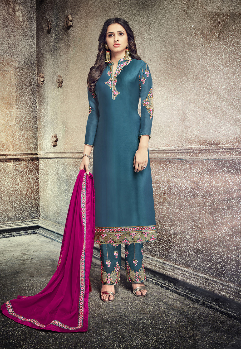 Multicolour Partywear Embroidered Georgette Salwar Suit Heavy Dupatta