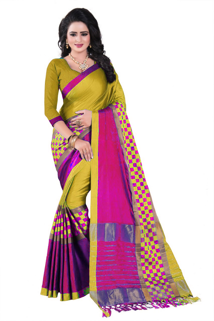 Printed Cotton Silk Saree - 5.5 Mtr Length, 0.8 Mtr Blouse | Yellow, Brown, Red, Green Colors, Checked Pattern, Ideal For All Seasons