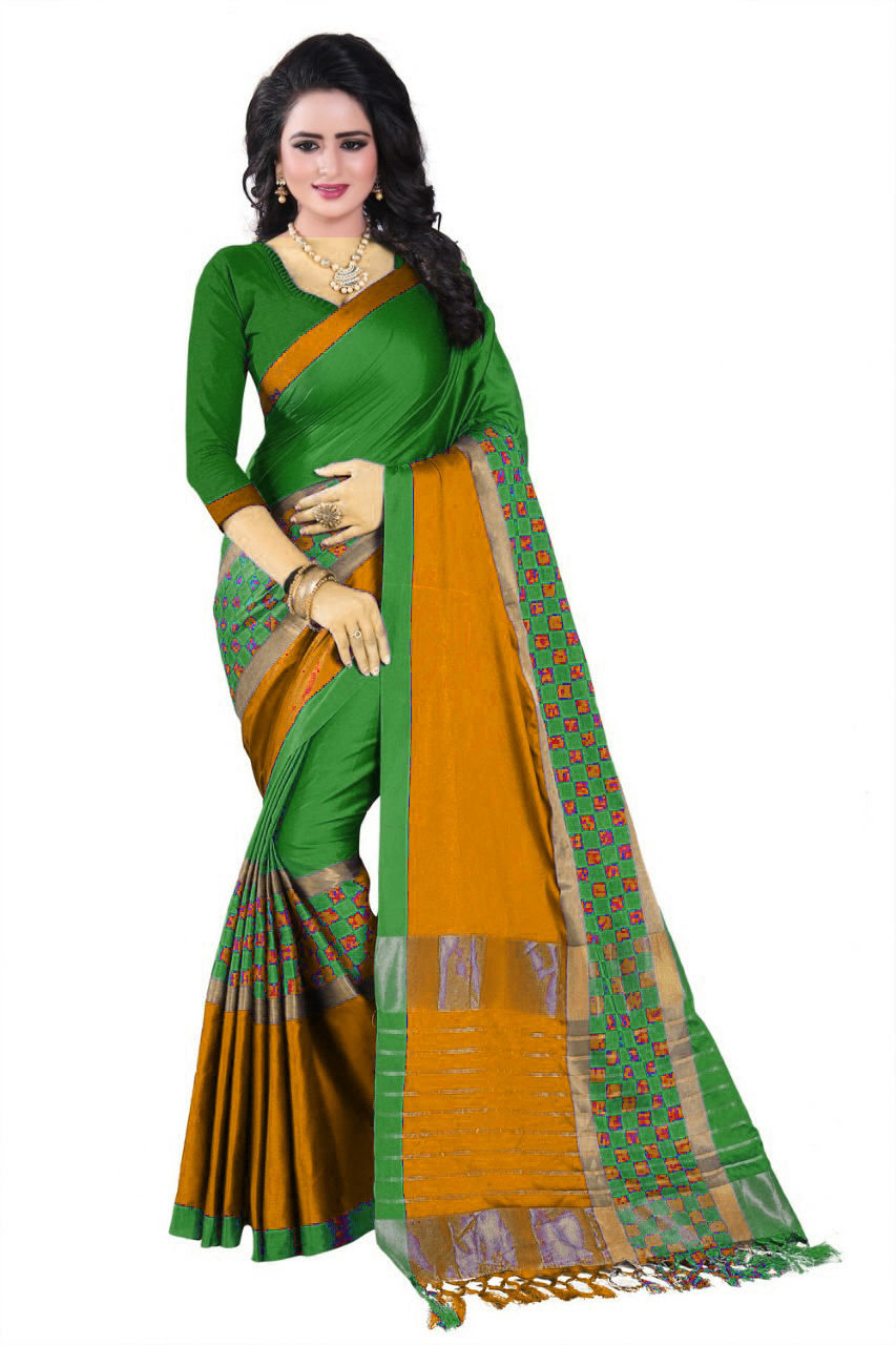 Printed Cotton Silk Saree - 5.5 Mtr Length, 0.8 Mtr Blouse | Yellow, Brown, Red, Green Colors, Checked Pattern, Ideal For All Seasons
