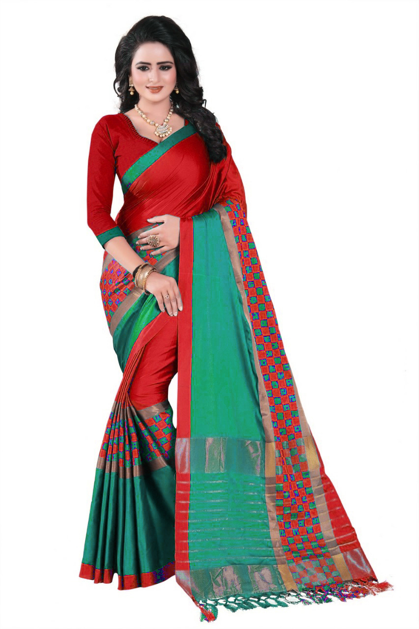Printed Cotton Silk Saree - 5.5 Mtr Length, 0.8 Mtr Blouse | Yellow, Brown, Red, Green Colors, Checked Pattern, Ideal For All Seasons