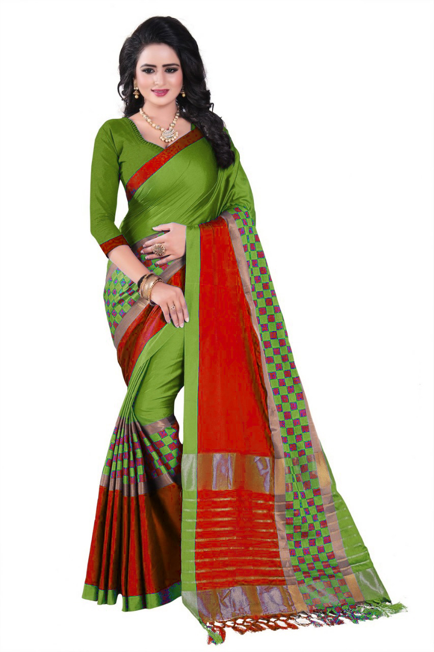Printed Cotton Silk Saree - 5.5 Mtr Length, 0.8 Mtr Blouse | Yellow, Brown, Red, Green Colors, Checked Pattern, Ideal For All Seasons
