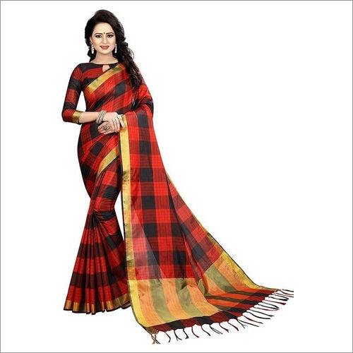 Yellow Cotton Silk Saree With Checks Design