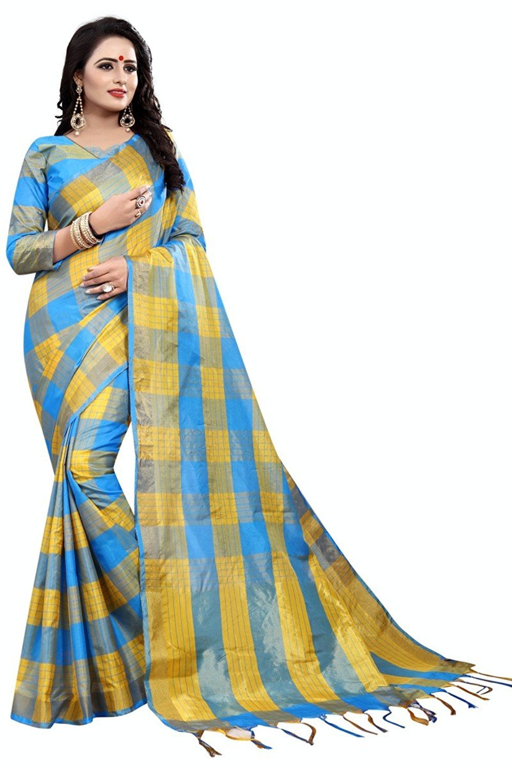 Cotton Saree - Cotton Silk, 5.5 Mtr Length, 0.8 Mtr Blouse | Red, Yellow, Blue, Green, Printed Pattern, Suitable For All Seasons