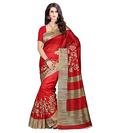 Fancy Silk Saree - Silk Material, 5.5 Mtr Length, 0.8 Mtr Blouse Length, Red, Yellow, Brown, Orange, Green | Printed Pattern, Art Silk Fabric, Suitable For All Seasons
