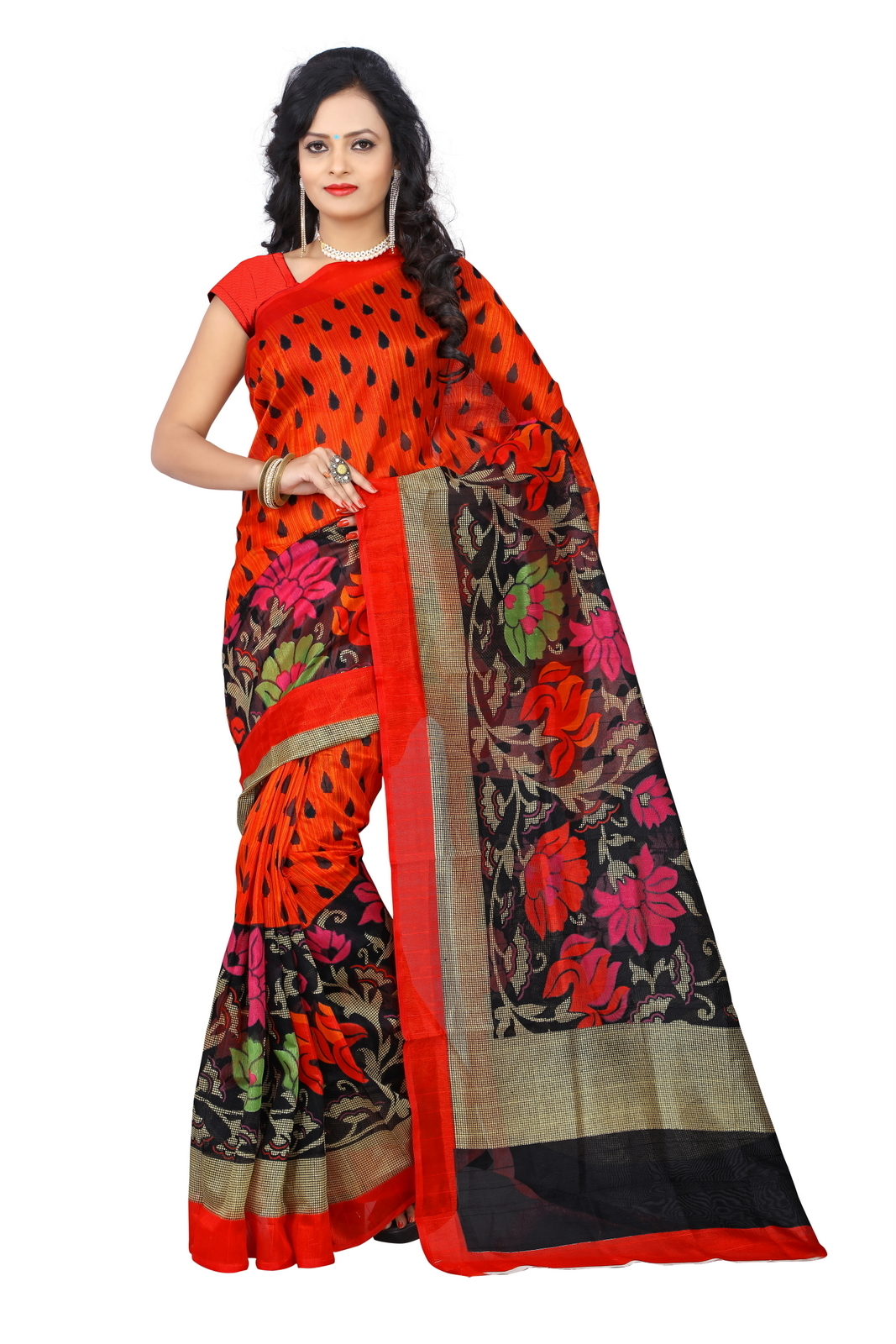 Fancy Silk Saree - Silk Material, 5.5 Mtr Length, 0.8 Mtr Blouse Length, Red, Yellow, Brown, Orange, Green | Printed Pattern, Art Silk Fabric, Suitable For All Seasons