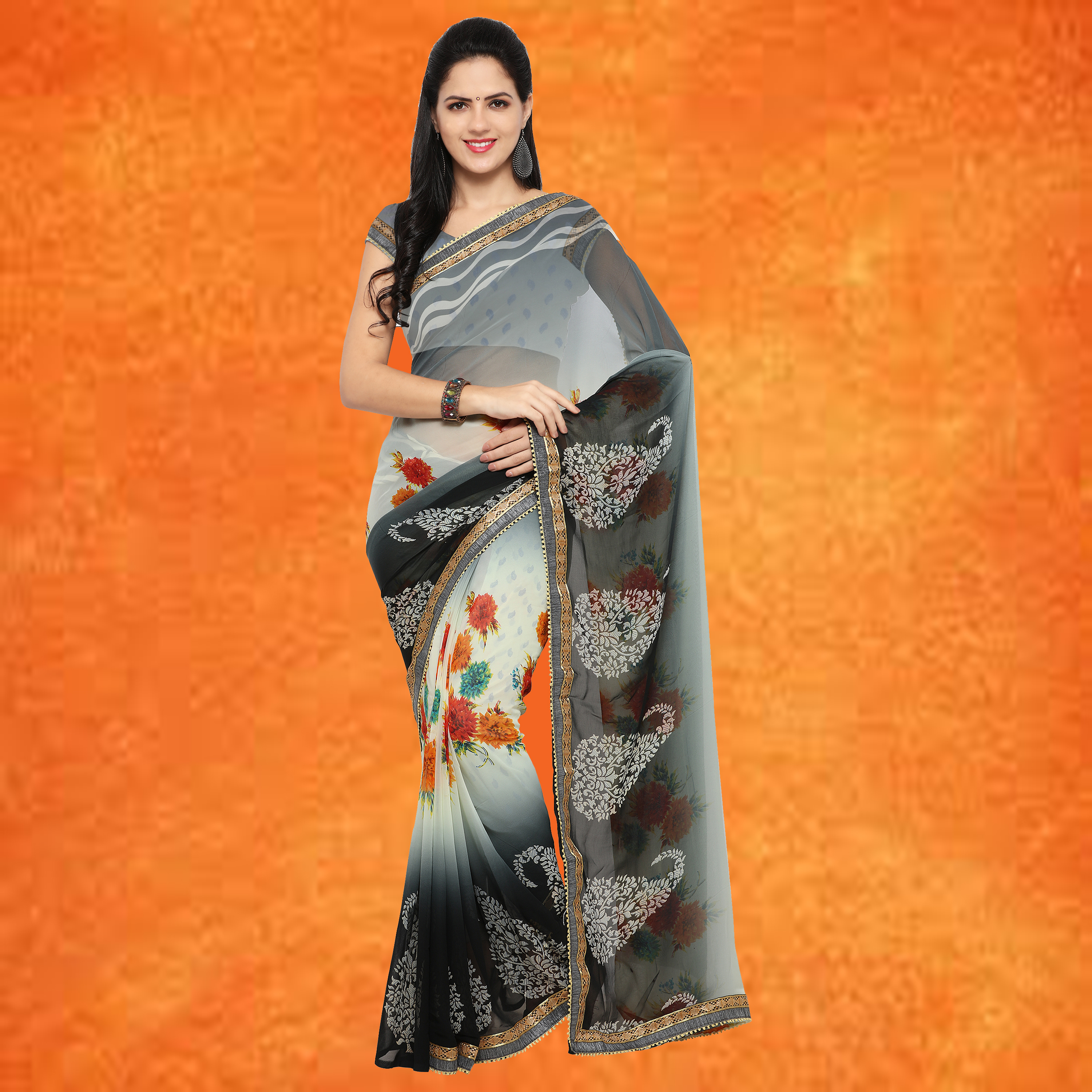 Gray And White Georgette Printed Saree