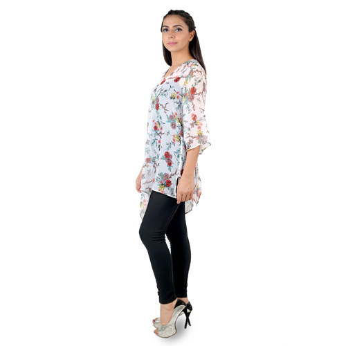 White Multiprinted Sheer Tunic