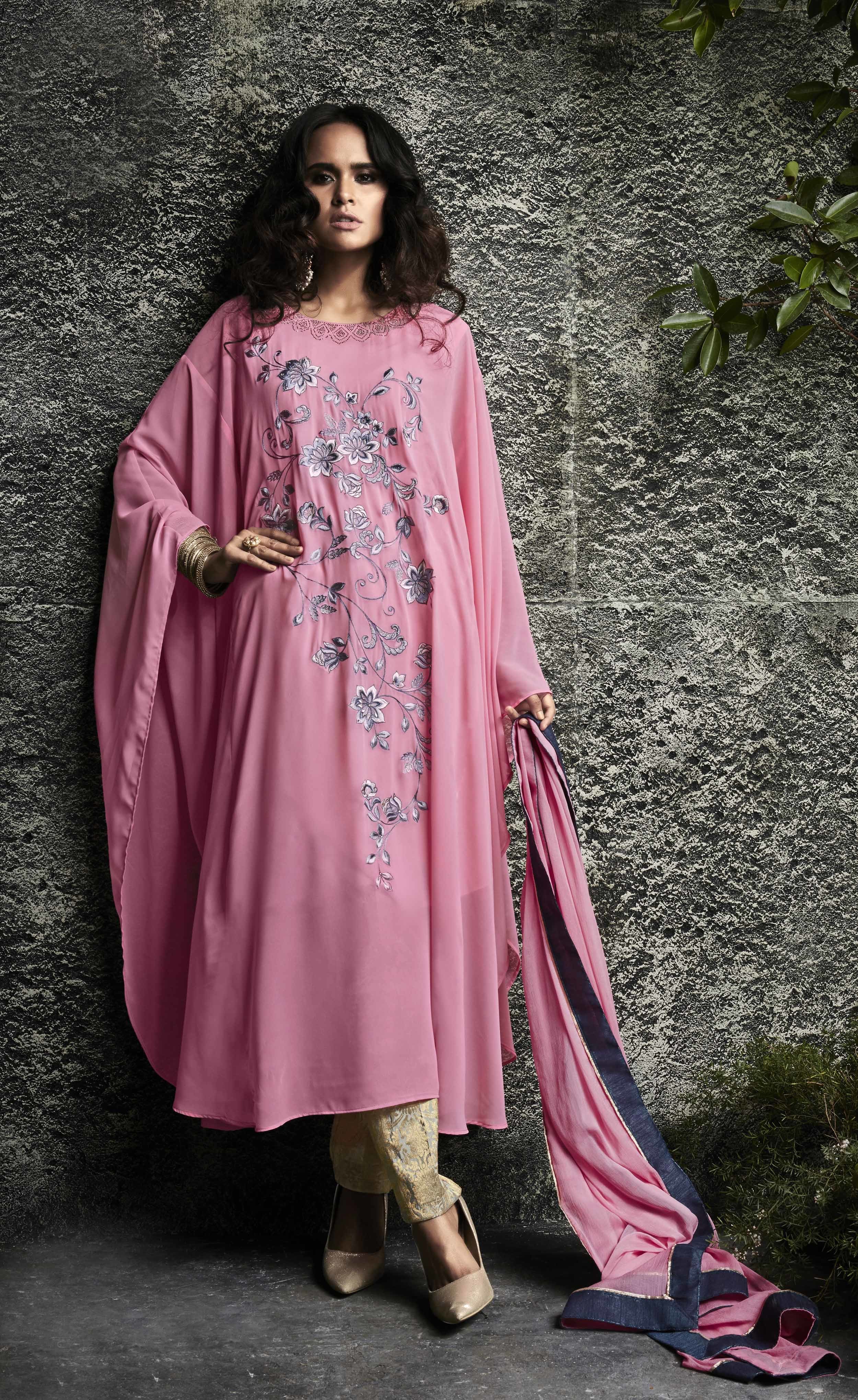 Straight-cut Salwar Suit - Georgette Silk, Santoon Inner/bottom, Embroidered Pattern , Sleeveless Style, Naznin Dupatta