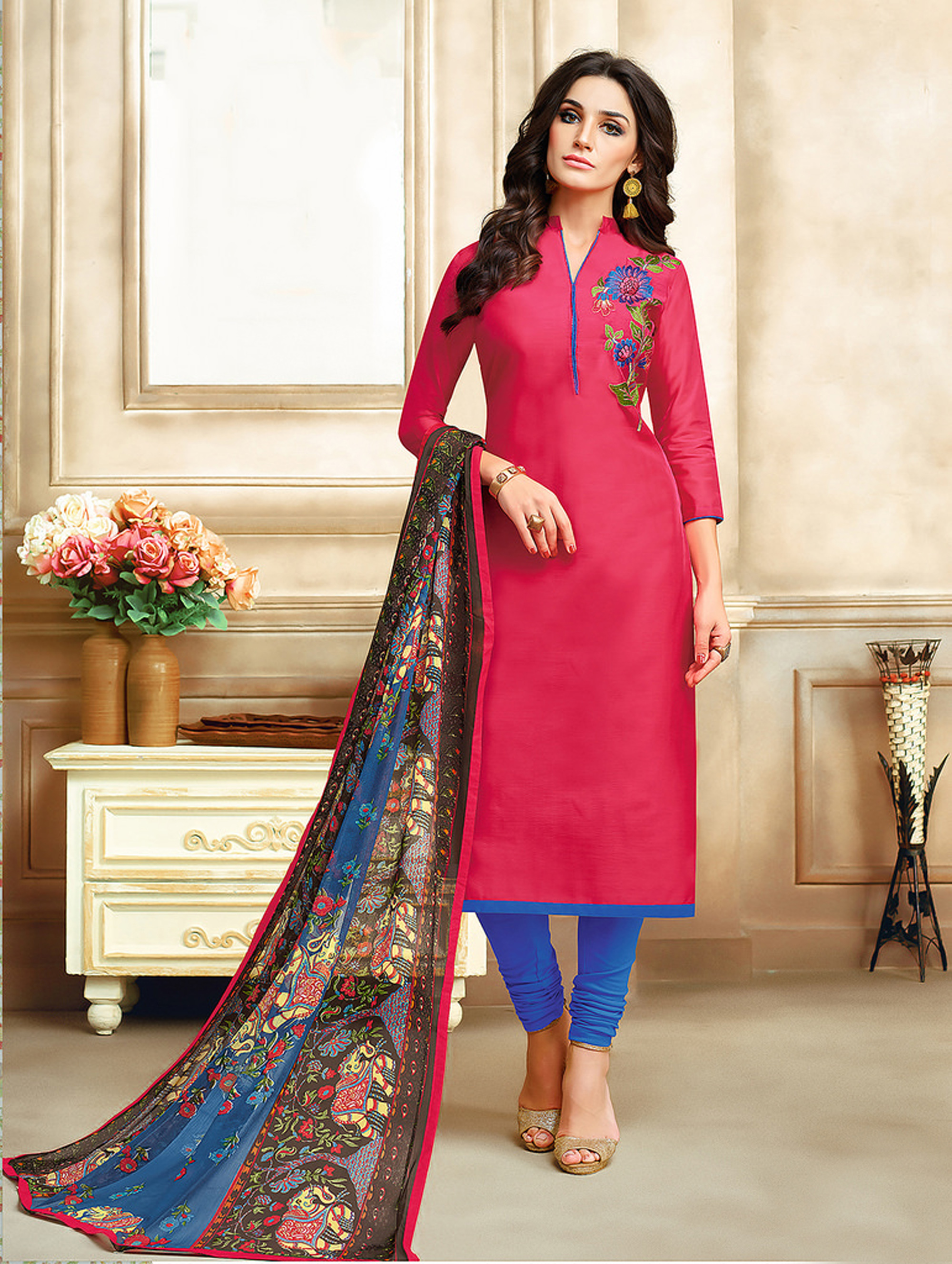 Designer Straight Cut Suit - Chanderi Cotton Top Cotton Bottom Chiffon Dupatta | Embroidered Pattern Ethnic Indian Wear Suitable For All Seasons