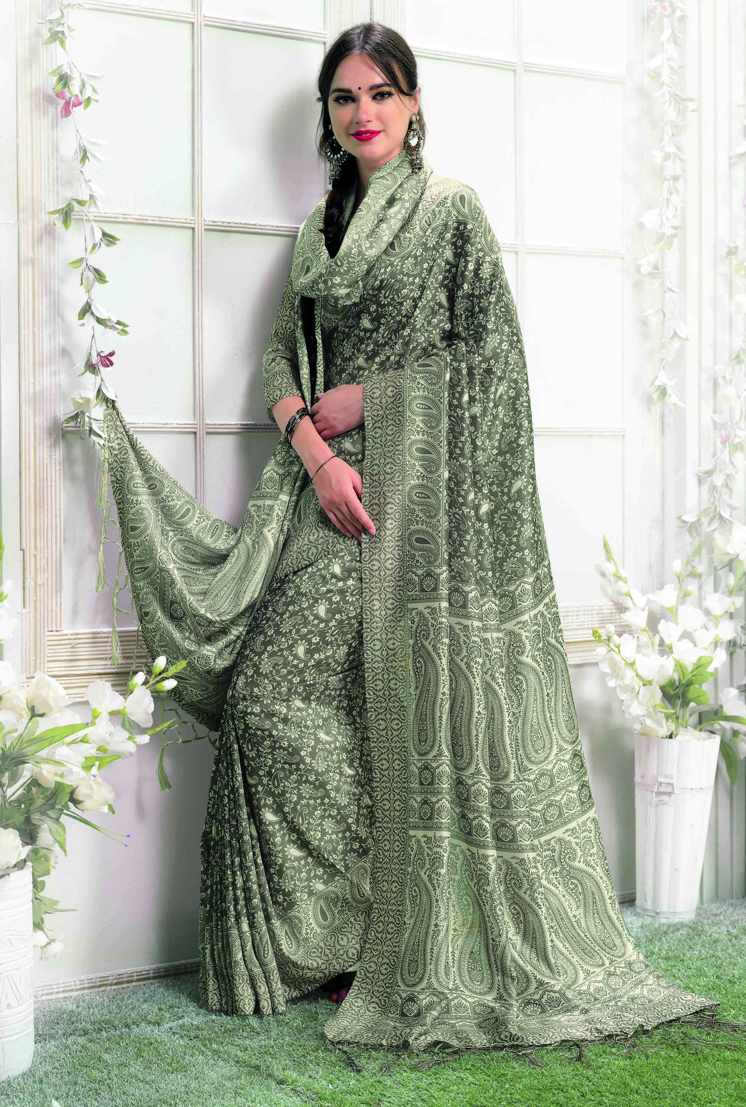 Pashmina Silk Saree - Customized Size, Jacquard Printed Work | Designer Ethnic Wear With Elegant Silk Blouse