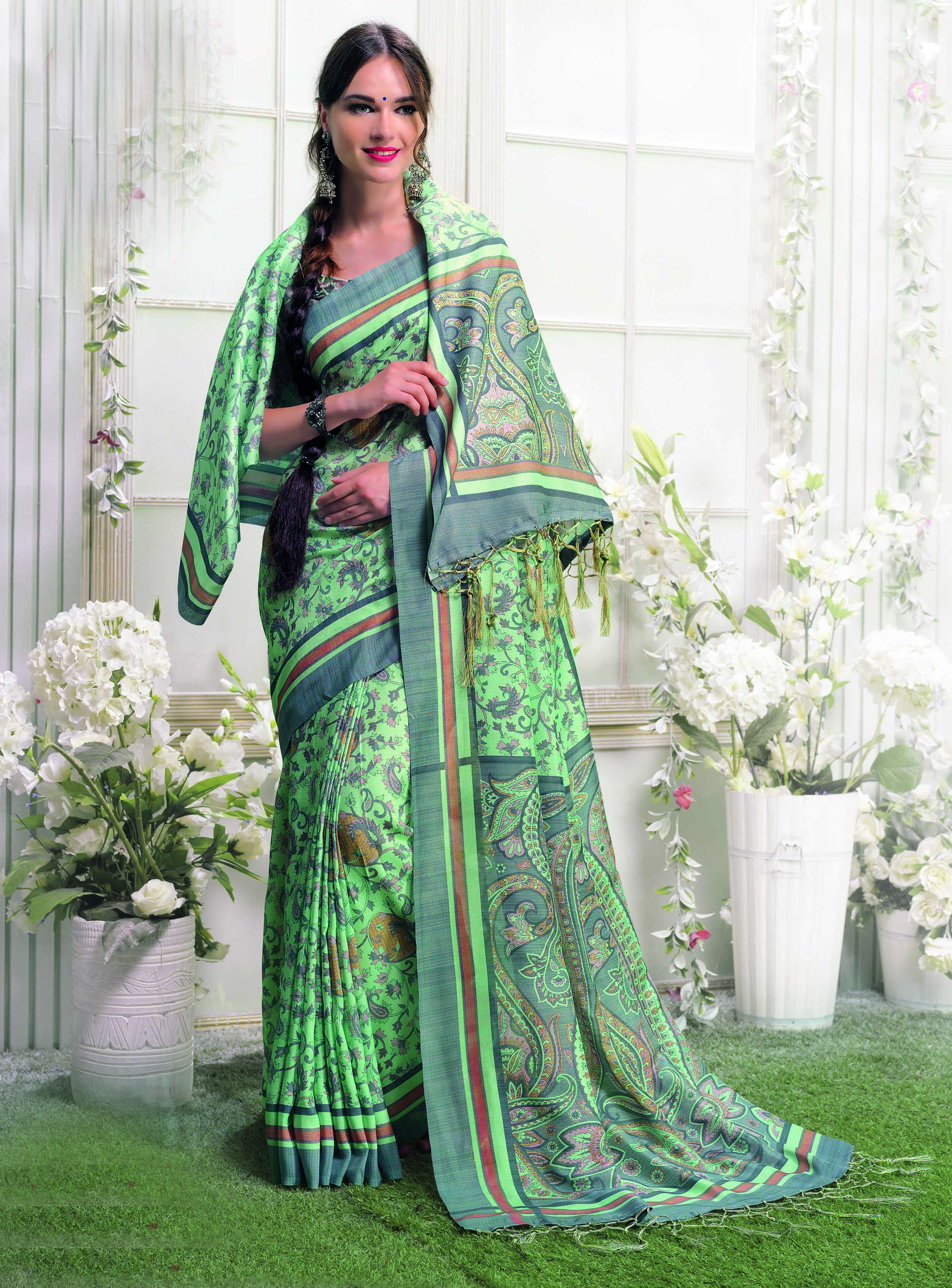 Pashmina Silk Saree - Customized Size, Jacquard Printed Work | Designer Ethnic Wear With Elegant Silk Blouse