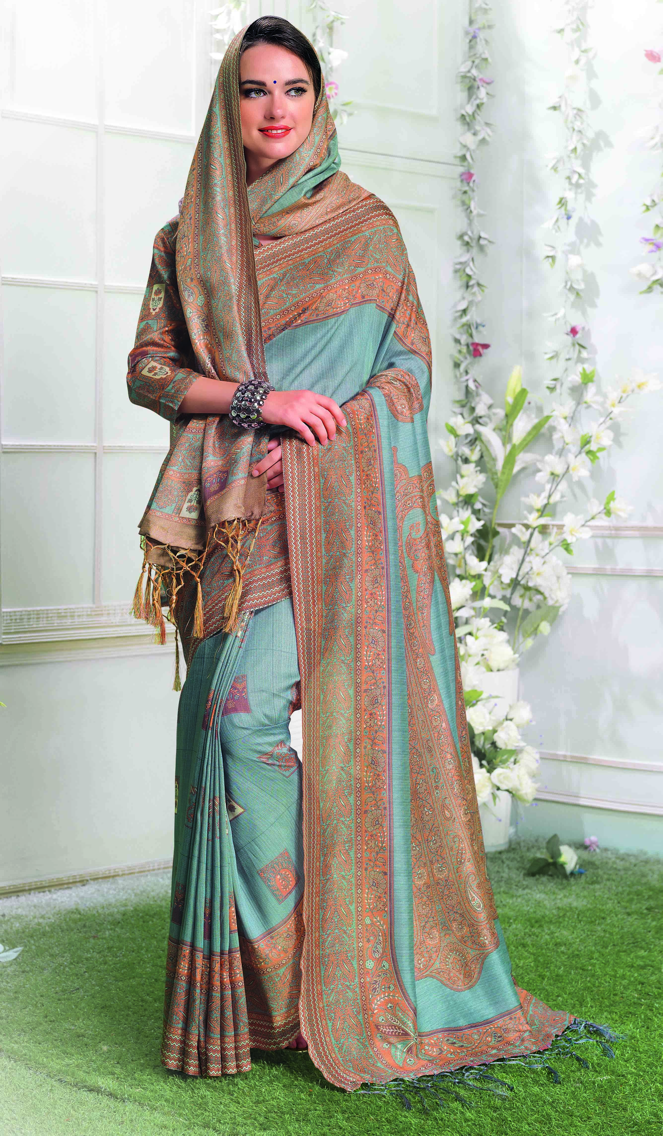 Pashmina Silk Saree - Customized Size, Jacquard Printed Work | Designer Ethnic Wear With Elegant Silk Blouse