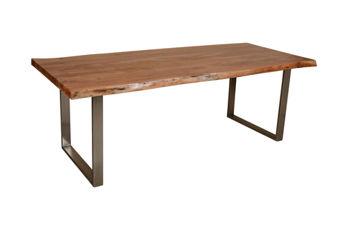 Live Edge Dining Table - Solid Acacia Wood Top, 6 Sitter Design | Handmade Artwork, Polished Finish, Indoor Use, Brass Accents
