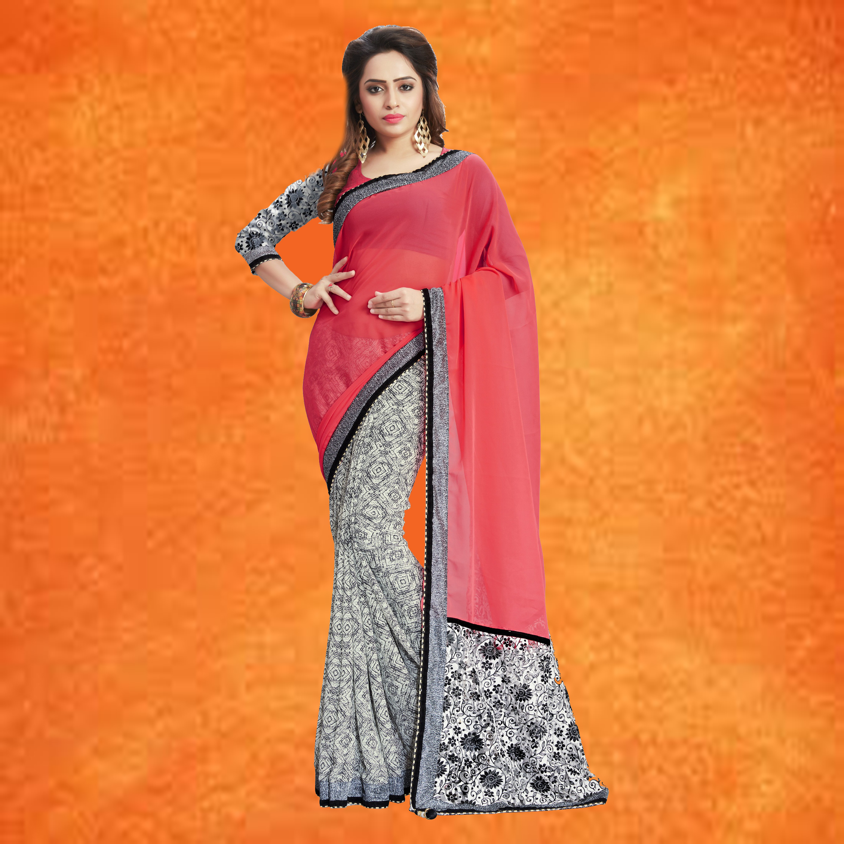 Georgette Printed Saree - Elegant Pink & Grey Design | Includes Matching Crepe Blouse Piece, Suitable For All Seasons