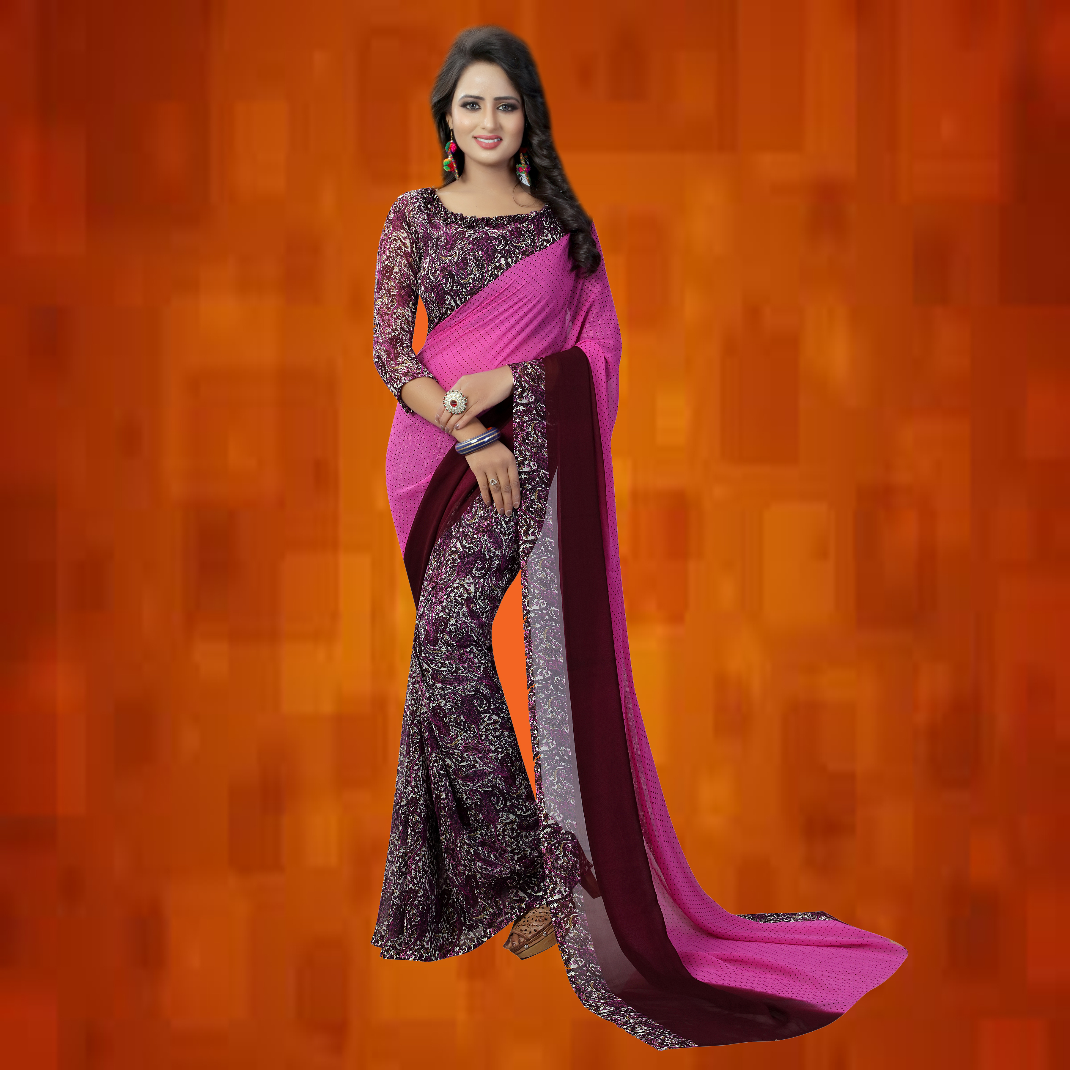 Georgette Printed Saree - Elegant Pink & Grey Design | Includes Matching Crepe Blouse Piece, Suitable For All Seasons